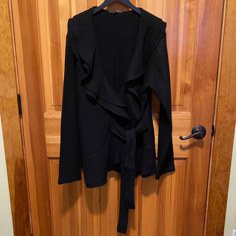 Elena Solano Elegant Boiled Wool Black Women's Tie Jacket Sweater
